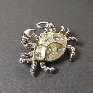 Very Awesome Silver Tone Crab Brooch With Blue Stones
